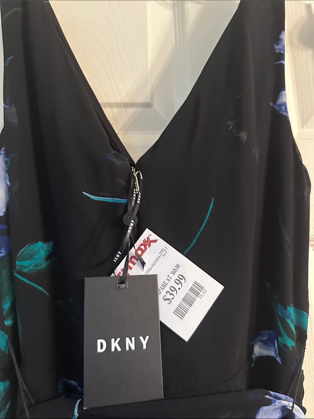 DKNY Black Dress with Blue and Teal Floral Accents
